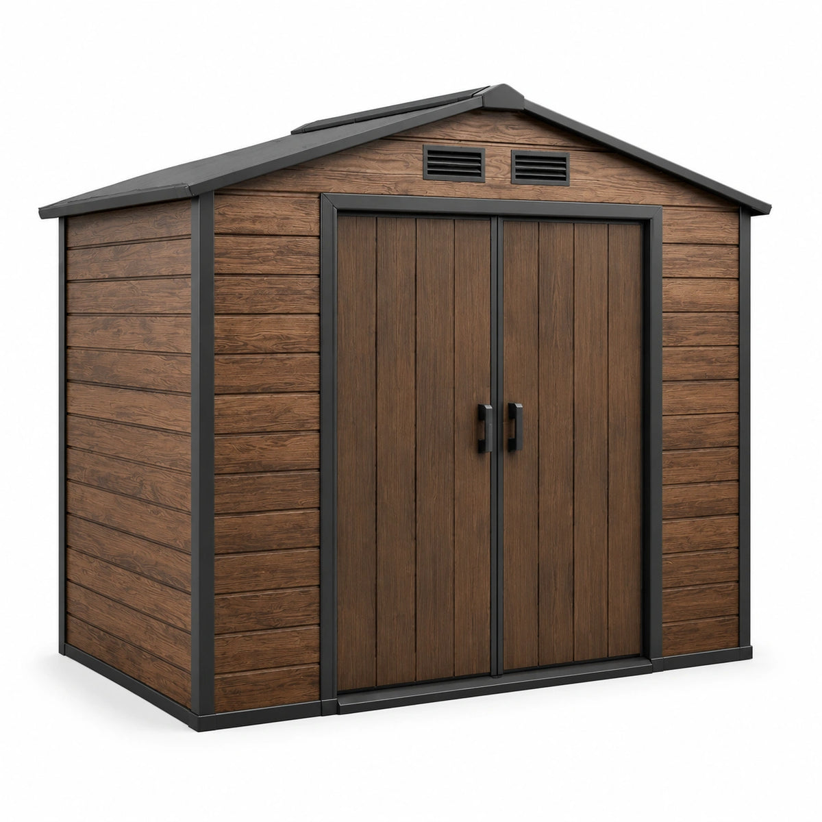 Abri de jardin en plastique effet bois brun avec toit et ventilation