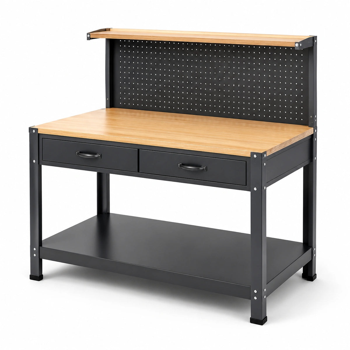 Établi en métal avec plateau en bois et panneau perforé