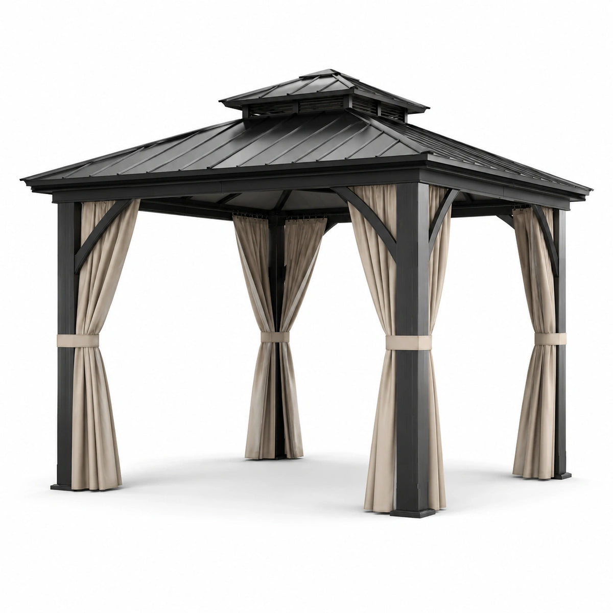 Pavillon de jardin en aluminium avec toit en acier et rideaux en polyester gris/beige 300x300x270 cm