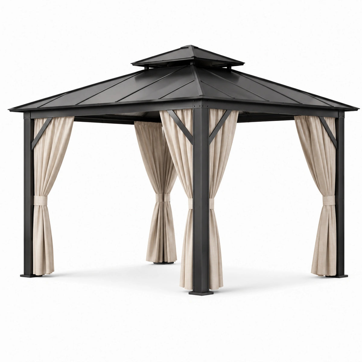 Pavillon en aluminium avec toit en acier galvanisé et rideaux beige
