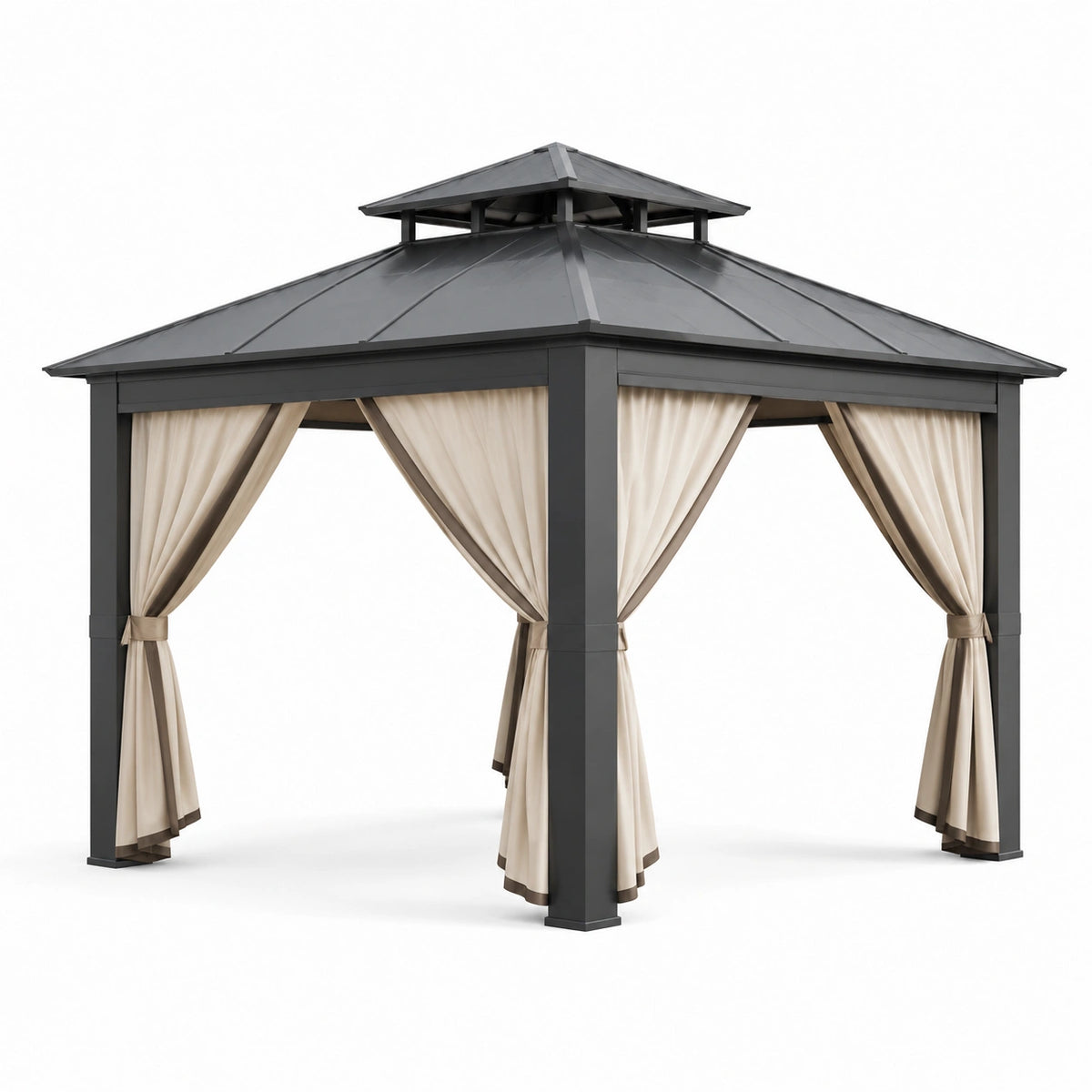 Pavillon en aluminium avec toit en acier et rideaux en polyester beige