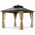 Pavillon en bois avec toit en métal et rideaux en polyester beige/noir