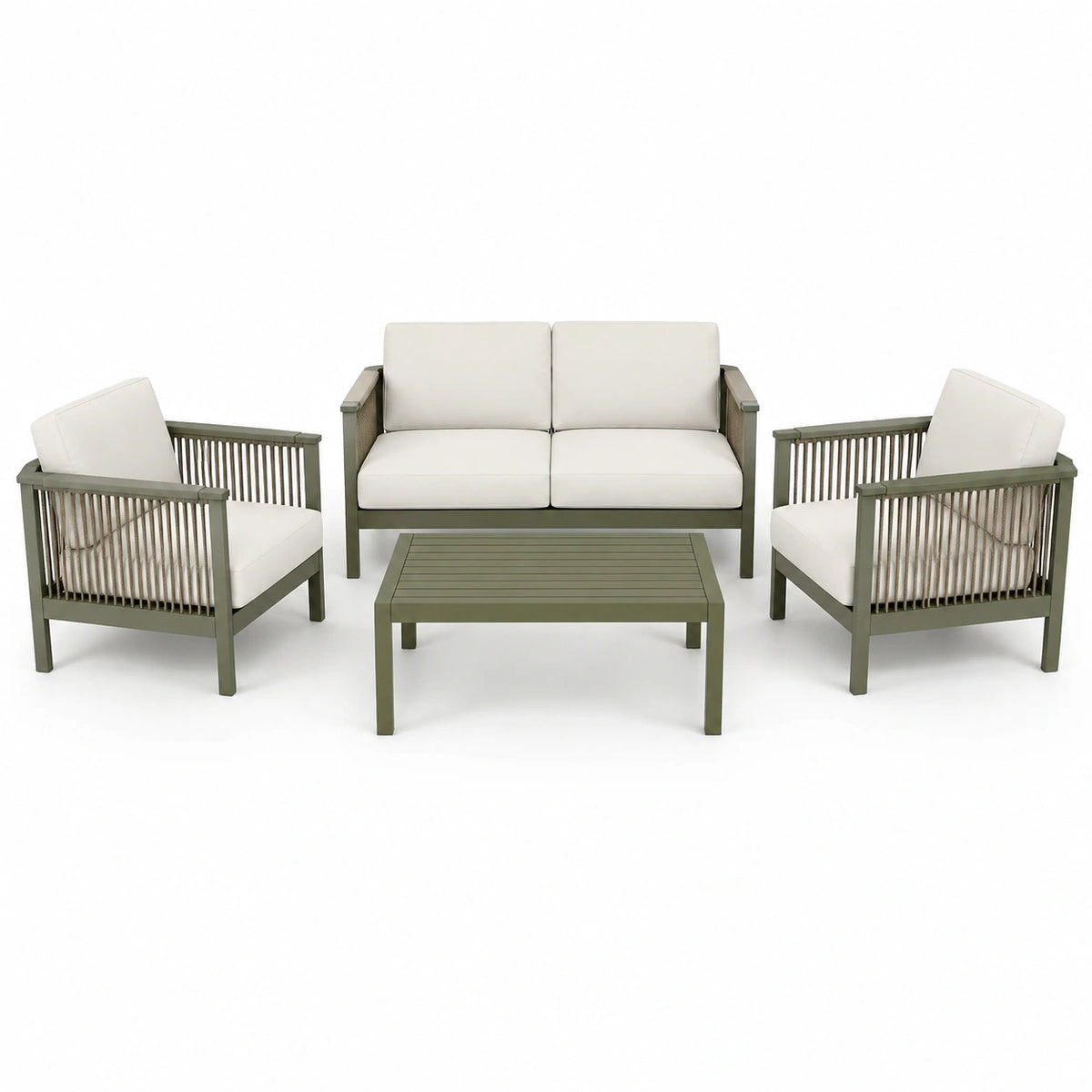 Ensemble salon de jardin en aluminium et polyester vert/ivoire avec coussins