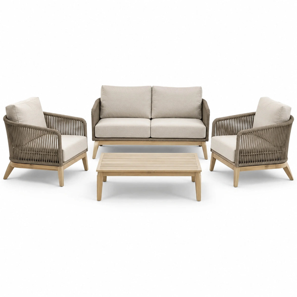 Ensemble de salon extérieur en bois d'acacia et corde avec coussins beiges