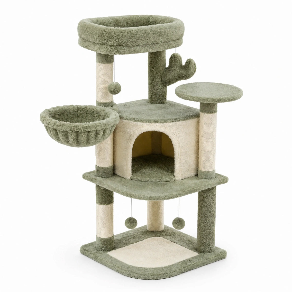 Arbre à chat en bois et peluche vert 3 niveaux