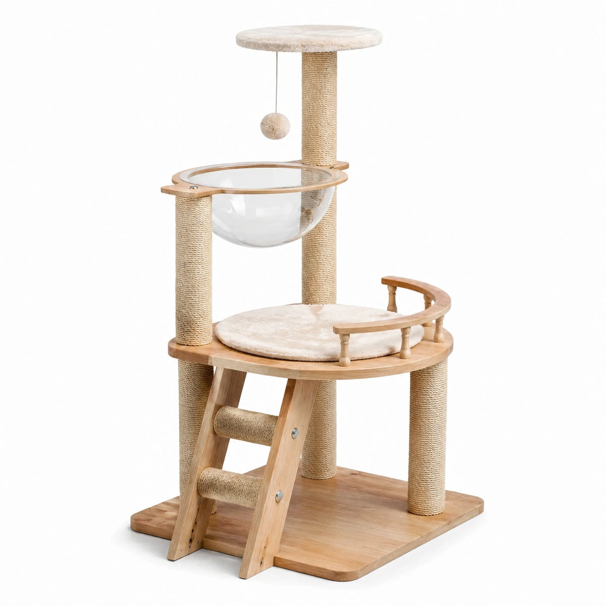 Arbre à chat en bois et verre trempé avec plateformes en peluche
