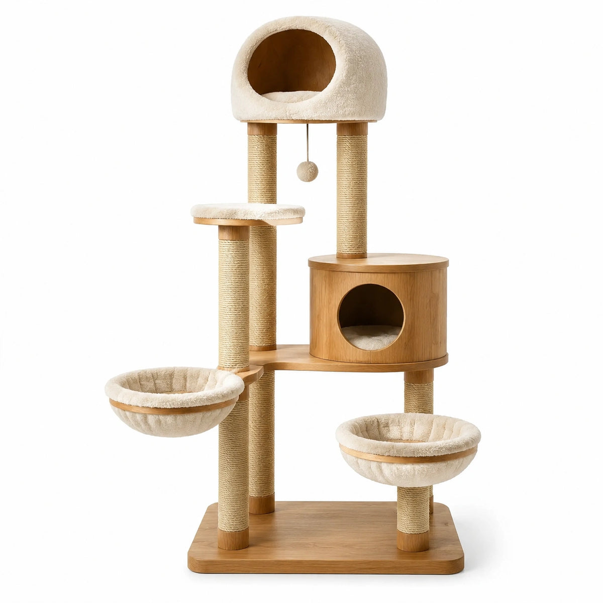 Arbre à chat en bois avec corde en sisal et tissu peluche beige 150 cm