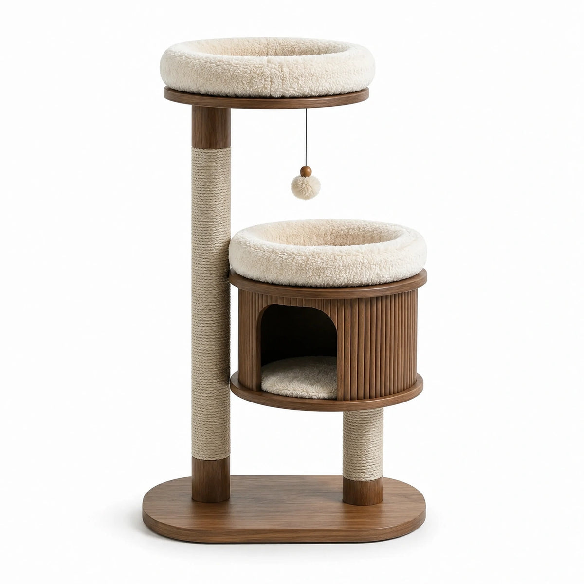 Arbre à chat en bois avec coussins en laine beige et poteaux en sisal 120 cm
