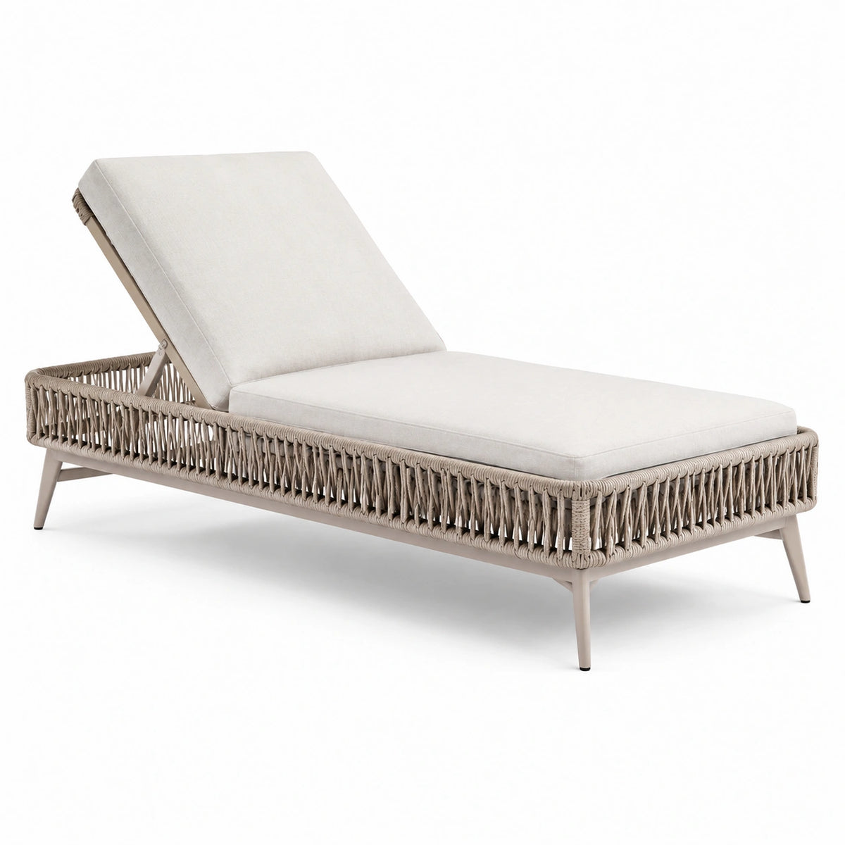 Chaise longue en aluminium et résine tissée avec coussin beige