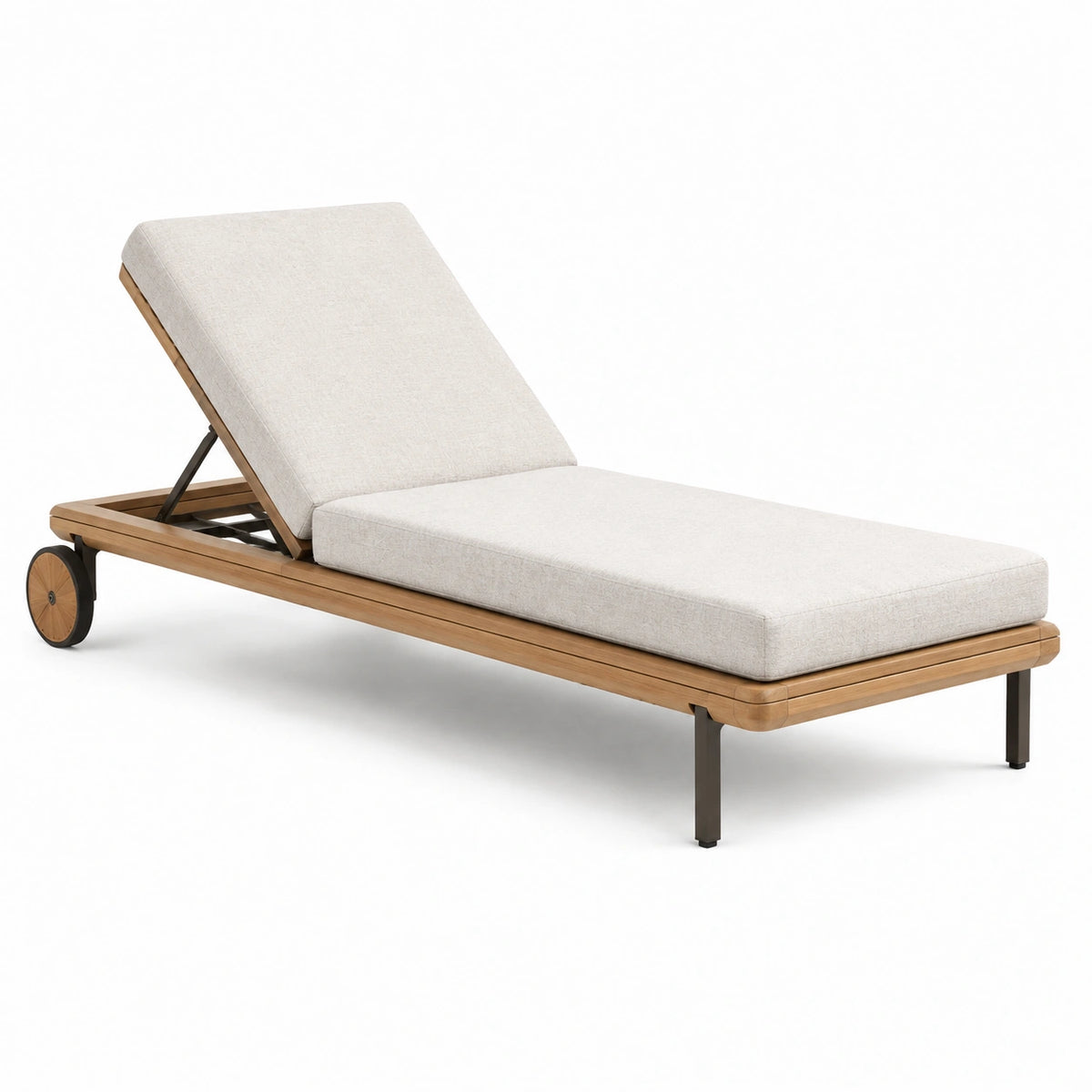 Chaise longue en teck avec coussin réglable beige