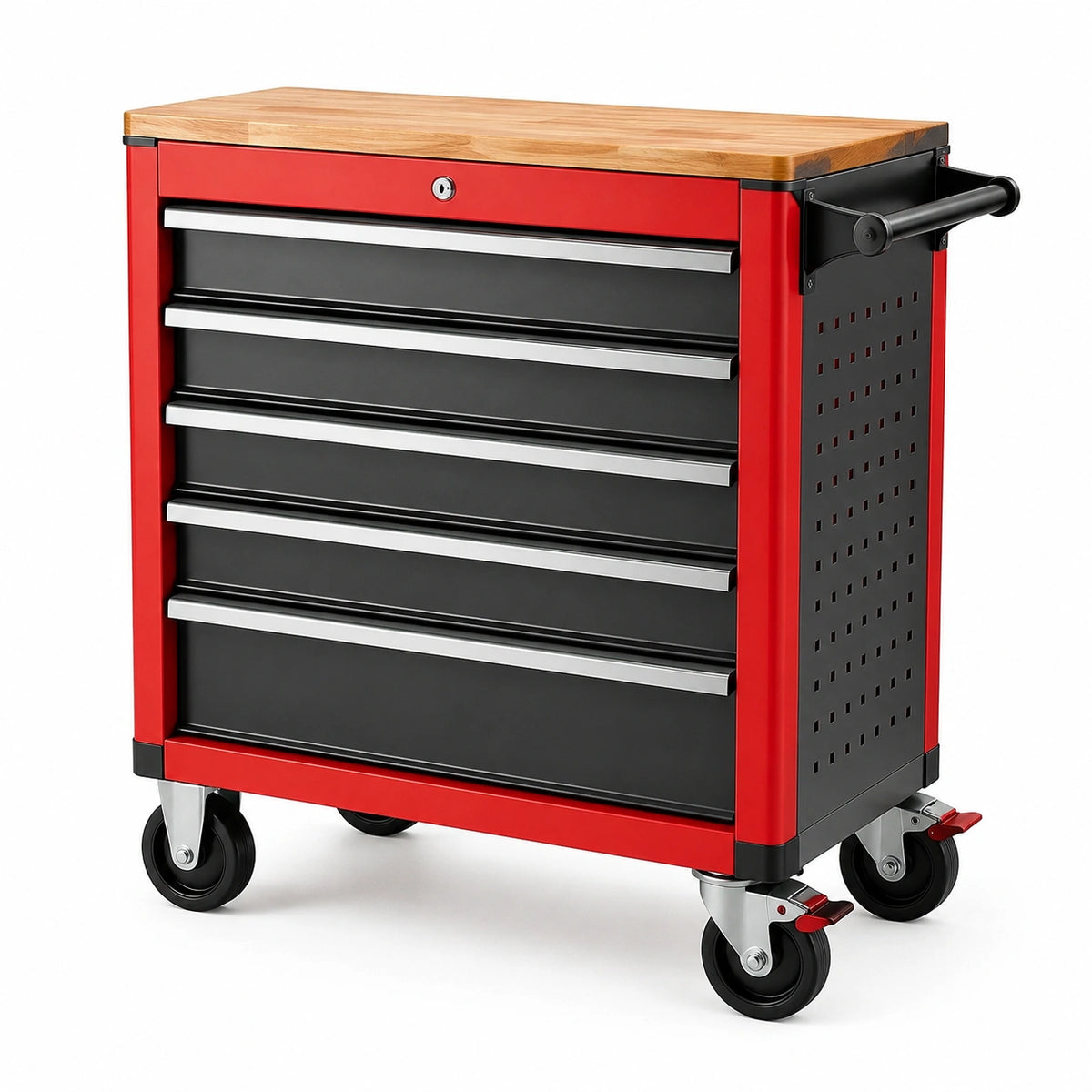 Chariot à outils en métal avec tiroirs rouge et noir