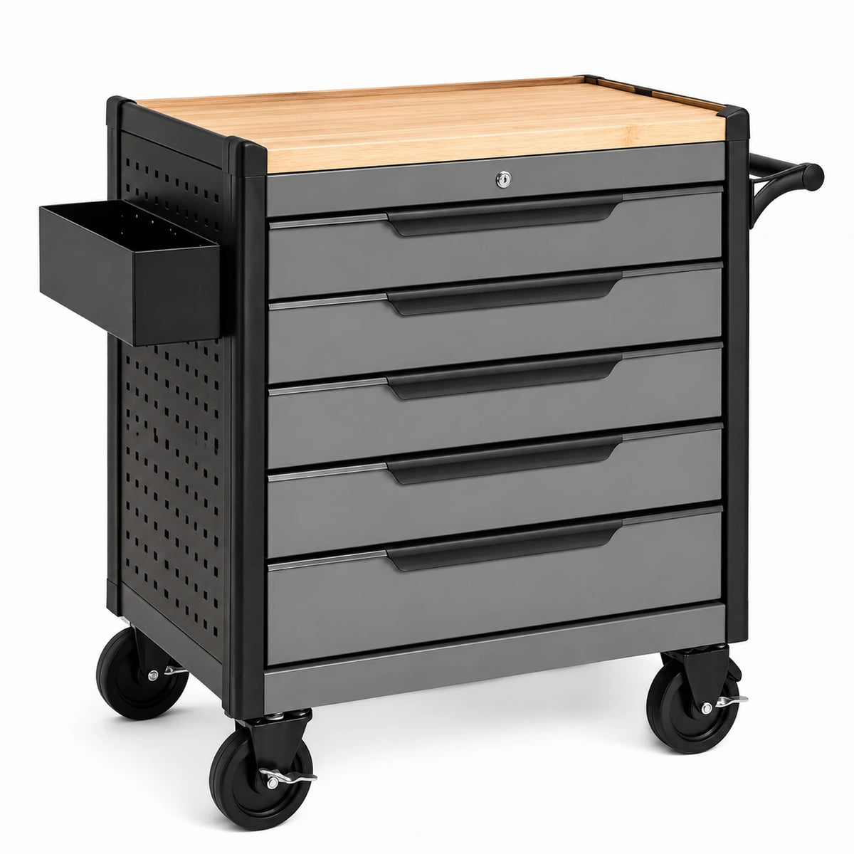 Chariot à outils en métal avec plateau en bois d'hévéa 5 tiroirs
