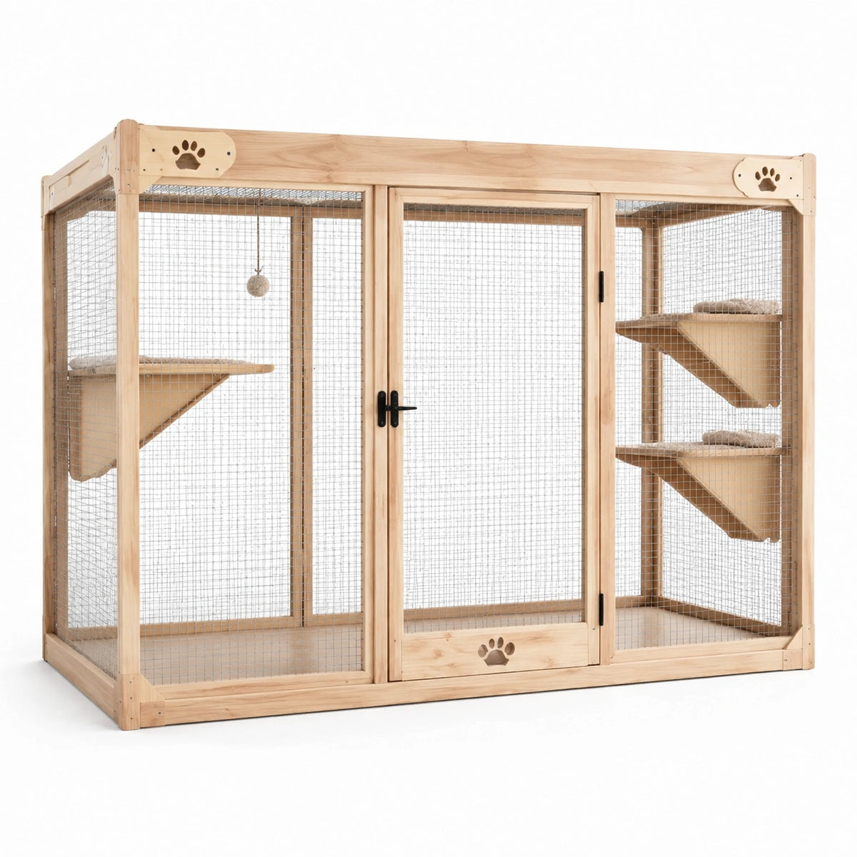 Enclos pour chat en bois avec grillage métallique et étagères, naturel, 200x100x150cm