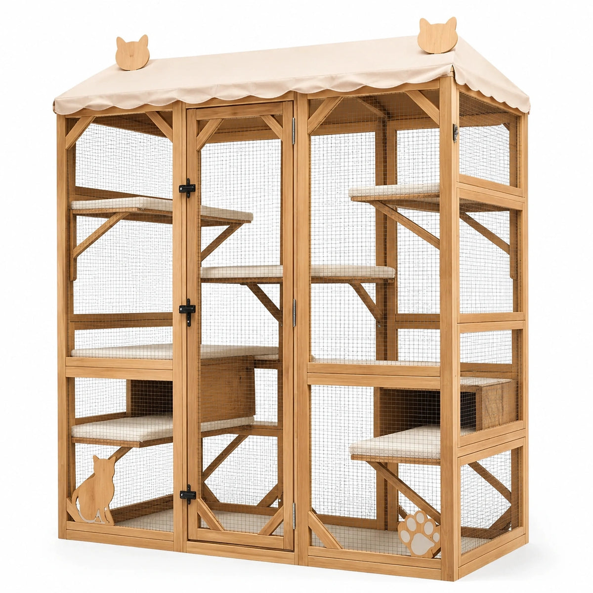 Enclos pour chat en bois de sapin et polyester beige