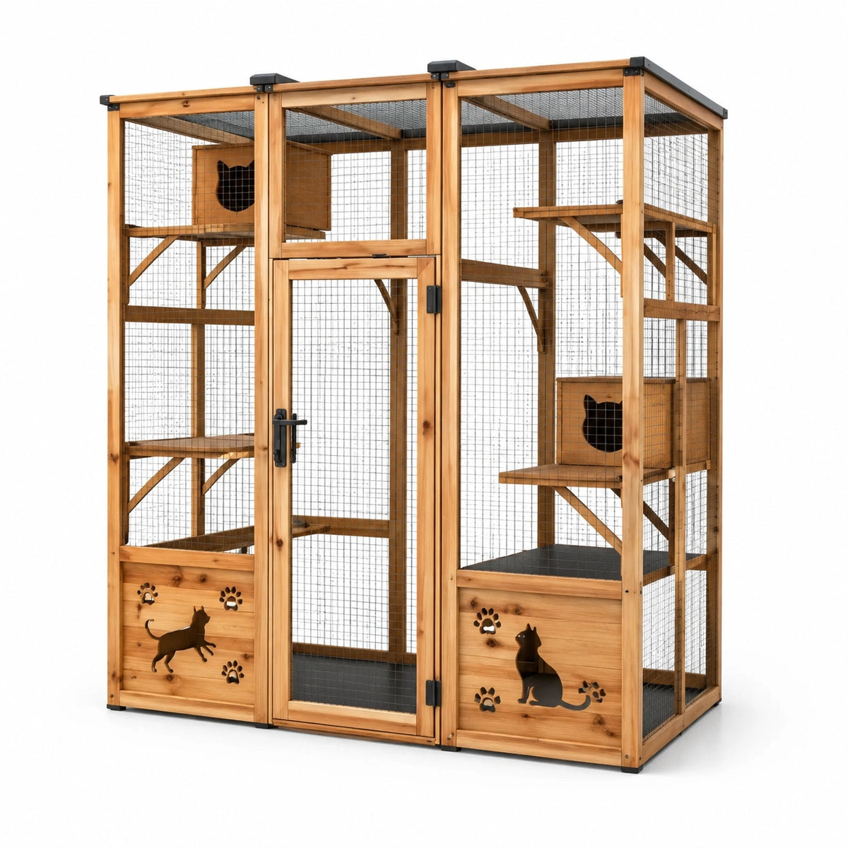 Enclos en bois de pin pour chats avec grillage en acier