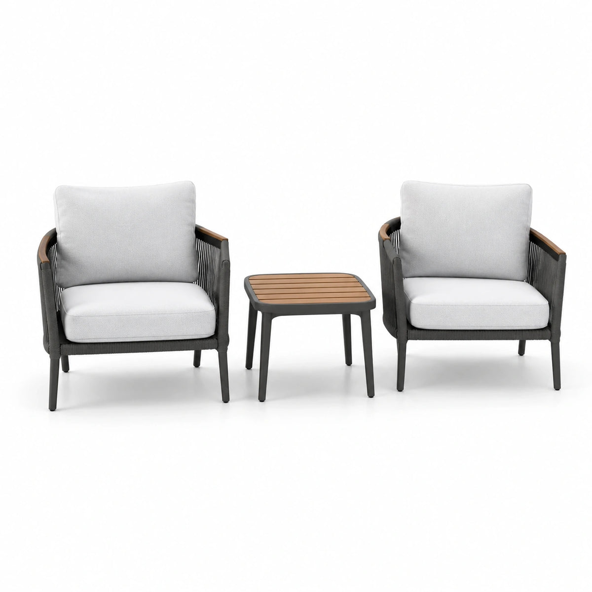 Ensemble bistro avec 2 fauteuils en aluminium, coussins en polyester, table en bois composite, noir/blanc