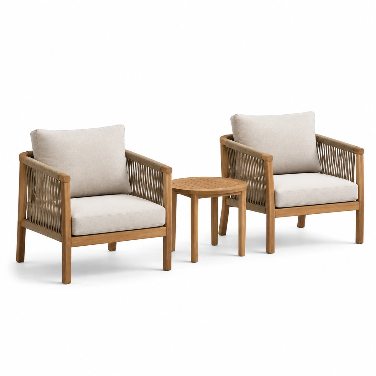 Ensemble de bistro en teck avec 2 fauteuils en corde et table ronde, beige