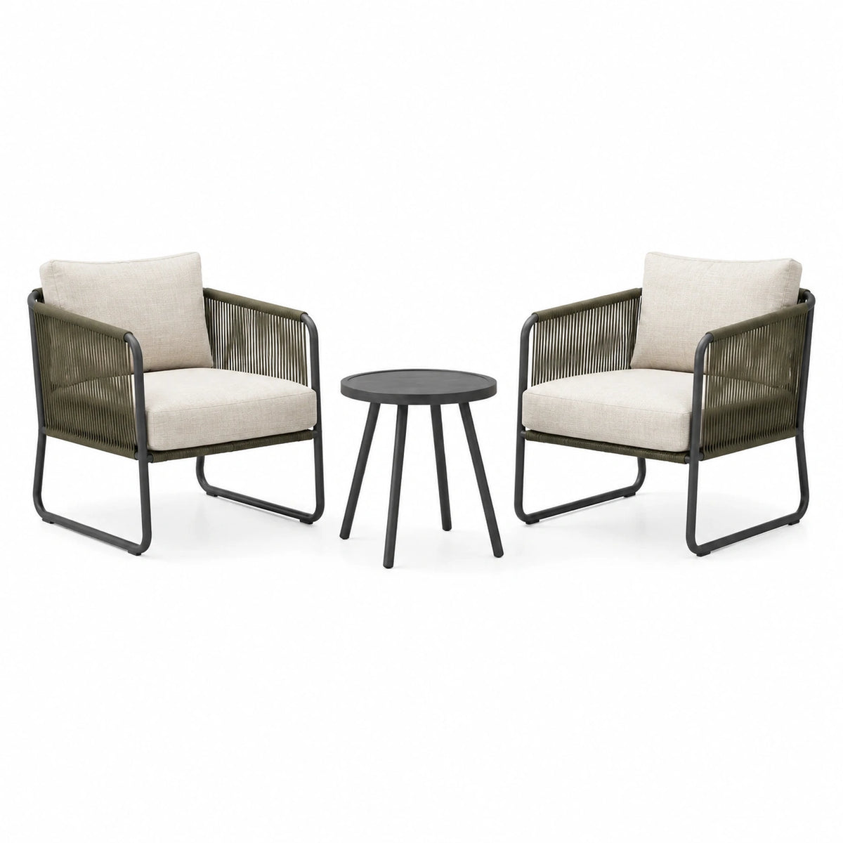 Ensemble bistrot 2 fauteuils acier corde polyester beige et table ronde noire