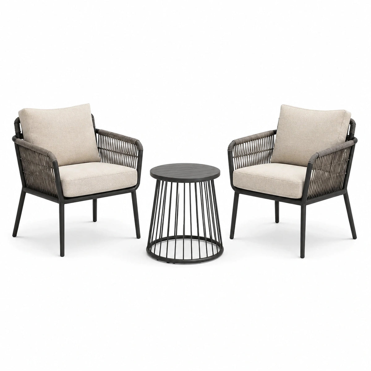 Ensemble de bistro avec 2 fauteuils en métal et table ronde en aluminium