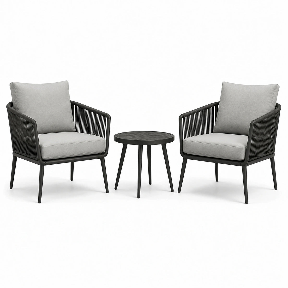 Ensemble de deux fauteuils en métal et corde polyester avec une table en métal