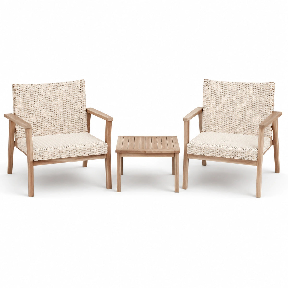 Ensemble mobilier de jardin en bois d'acacia et polyéthylène beige avec table basse